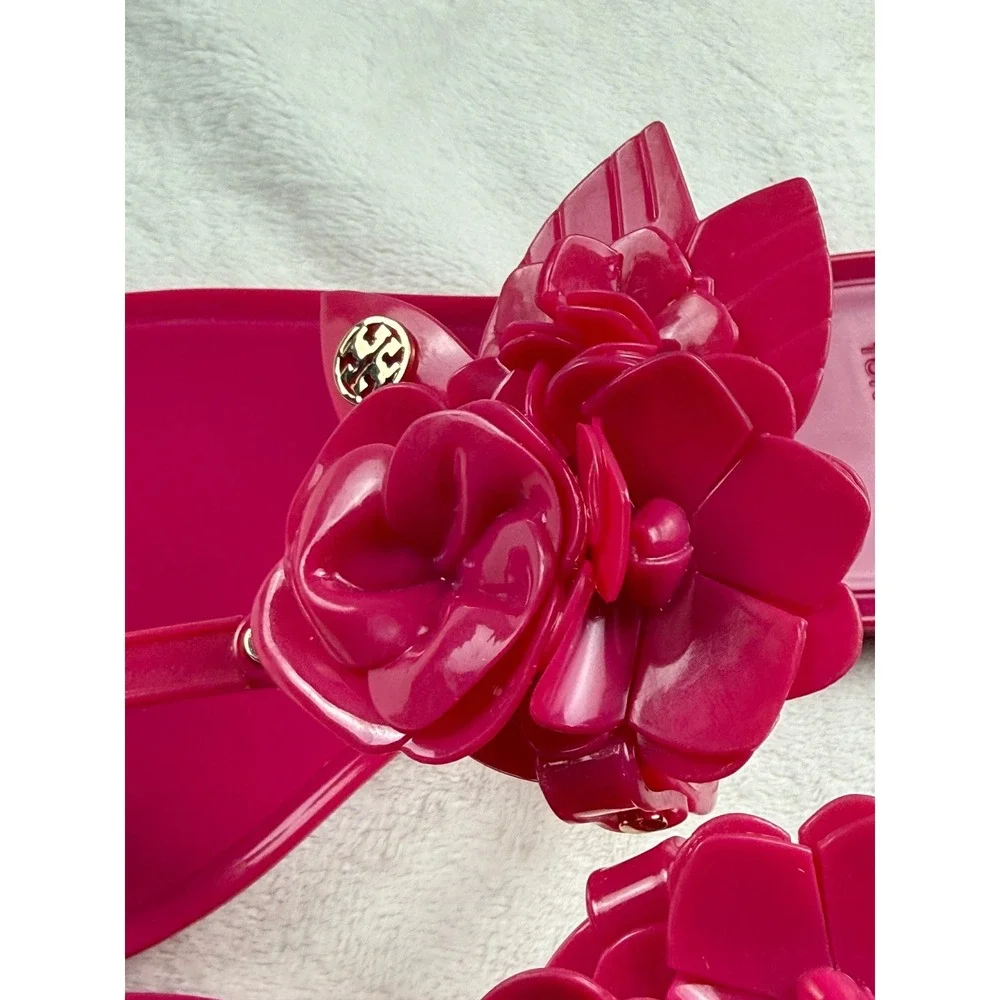 Tory Burch Fuchsia Pink Floral Jelly Thong Sandals Womens 5 Flat Flip Flops Logo